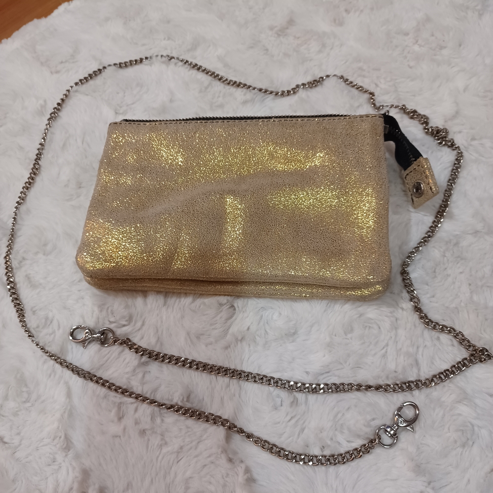Gold Evening Leather Clutch With Silver Chain Strap - Picture 1 of 7